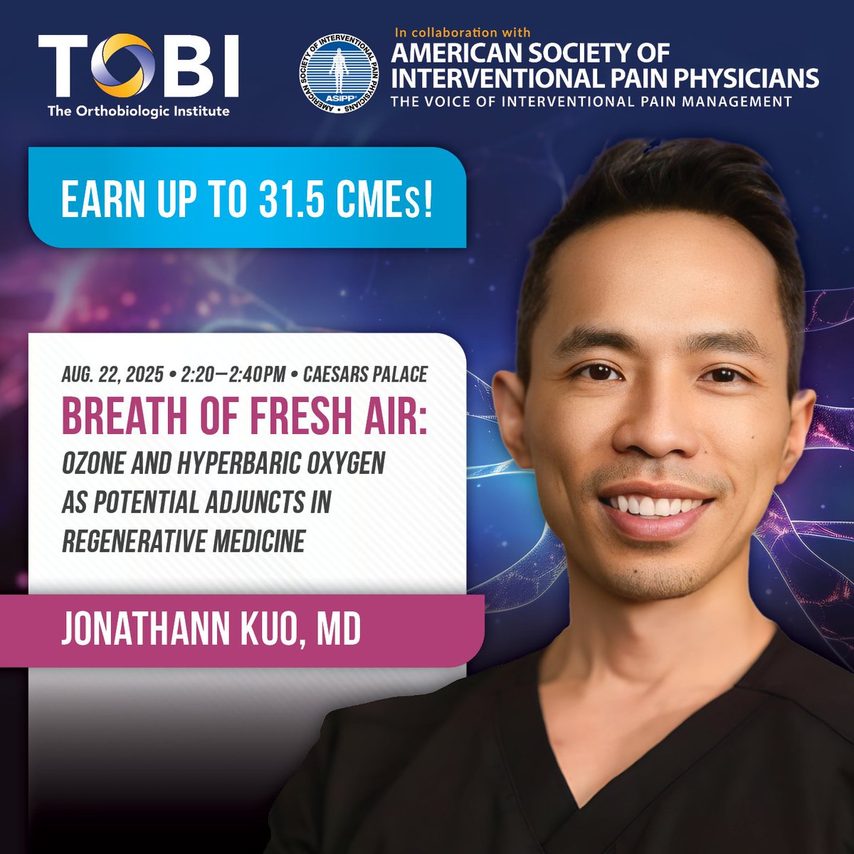 How can ozone and hyperbaric oxygen play a role in regenerative medicine?

Join Jonathan Kuo, MD, at TOBI 2025 in collaboration with ASIPP as he explores innovative adjuncts in orthobiologic care.

🔗 Register: ow.ly/C92C50Wg9YR
🔗 Agenda: ow.ly/E7SA50Wg9YS