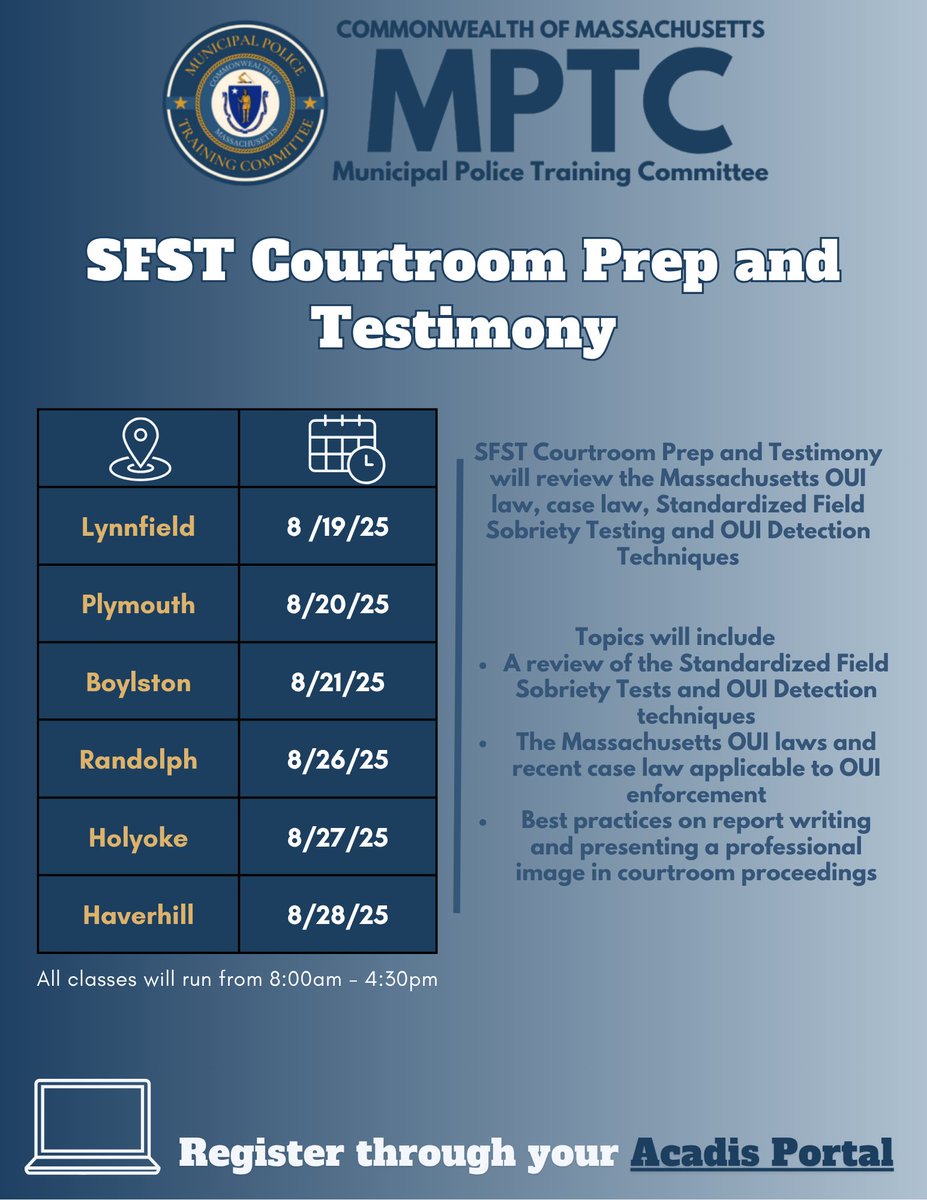 MassMPTC's tweet image. 📢 Join us for SFST Courtroom Prep & Testimony at multiple MPTC locations! 🌟 This comprehensive training will cover Massachusetts OUI law, case law, and Standardized Field Sobriety Testing techniques.
Register now: mass.gov/mptc-acadis-tr…