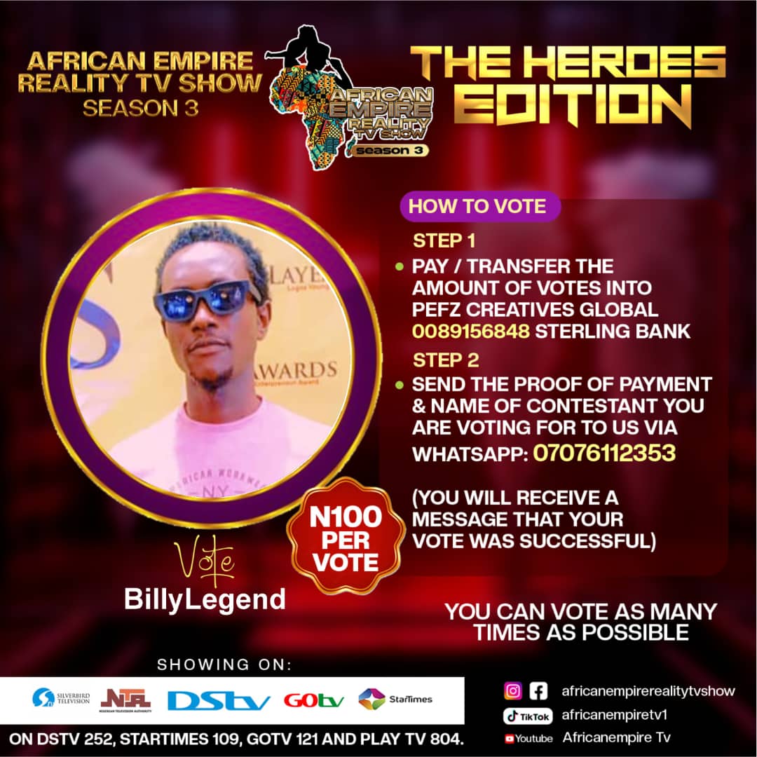 SHORELORDz's tweet photo. Hi guys! I'm here on behalf of @BillyLegend #ArtistWithMostAlias #NextBigThing #NulliSecundus #KingKingPin. He needs your votes to emerge as an housemate of the #AfricanEmpireRealityTVShowSeason3 #HeroesEdition #ShorelordzCartel https://t.co/4DWdKdbv1x