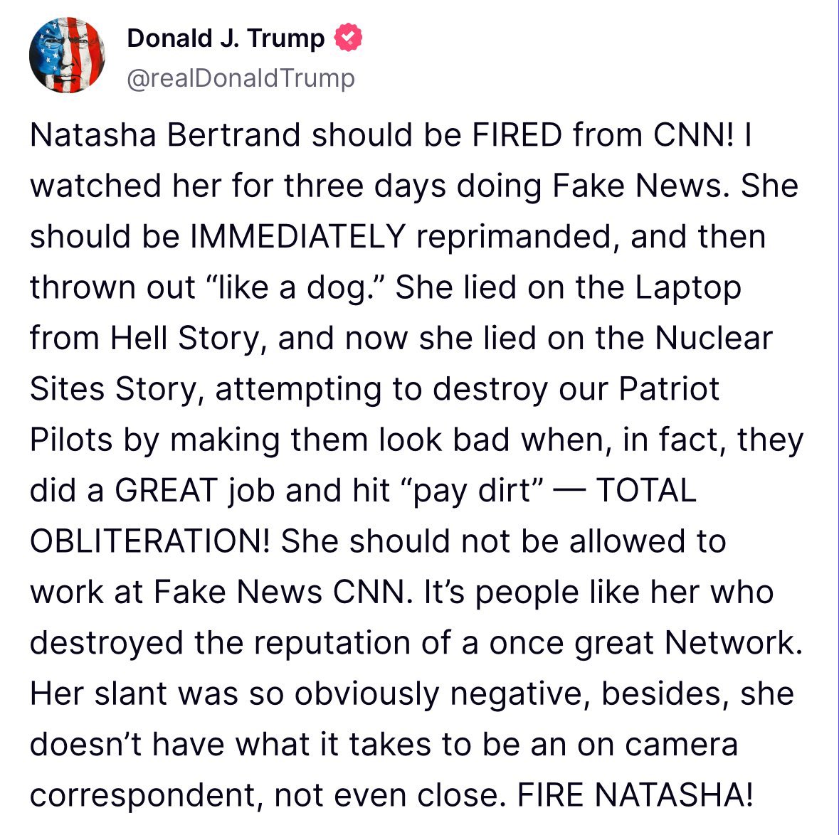 Trump demande le licenciement de la journaliste Natasha. " Natasha Bertrand devrait être LICENCIÉE de CNN ! Je l'ai regardée pendant trois jours faire de fausses nouvelles. Elle devrait être IMMÉDIATEMENT réprimandée, puis jetée "comme un chien". Elle a menti sur l'ordinateur