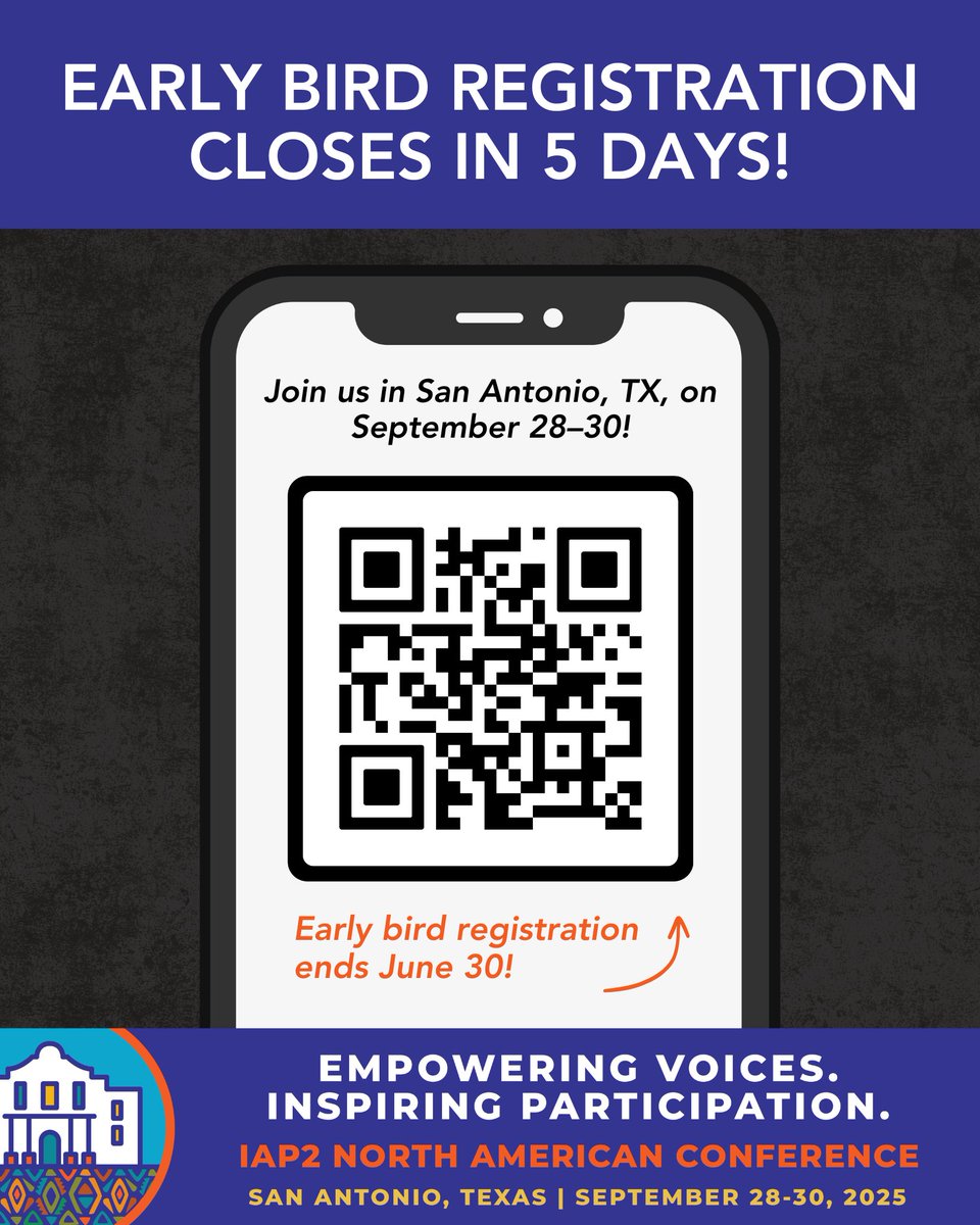 🚨 Early Bird Registration ends June 30!

Don’t miss your chance to save on the 2025 IAP2 North American Conference in San Antonio, TX — September 28–30. Join public participation leaders for inspiring workshops, keynotes, and networking. RSVP now: iap2usa.org/event-6156011