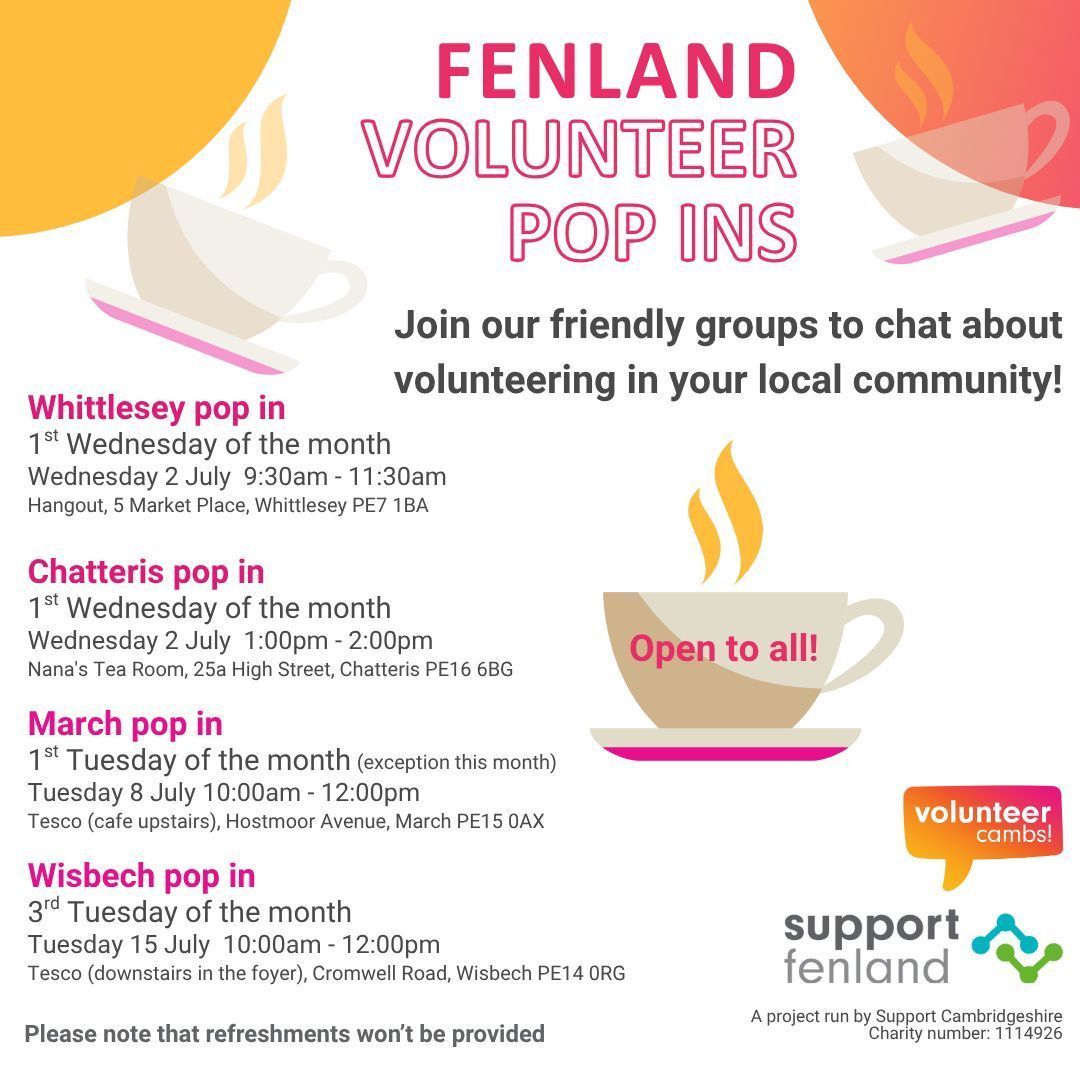 CCVS #NeverMoreNeeded (@cambridgecvs) on Twitter photo Our Fenland Volunteer Pop Ins!
Our monthly groups have new locations and times for July.
Do pop in to see the Volunteer Cambs team and learn more about volunteering in Fenland.
For more information Call: 07709741962 Email: rima@cambridgecvs.org.uk.
#VolunteerCambs #Fenland Our Fenland Volunteer Pop Ins!
Our monthly groups have new locations and times for July.
Do pop in to see the Volunteer Cambs team and learn more about volunteering in Fenland.
For more information Call: 07709741962 Email: rima@cambridgecvs.org.uk.
#VolunteerCambs #Fenland