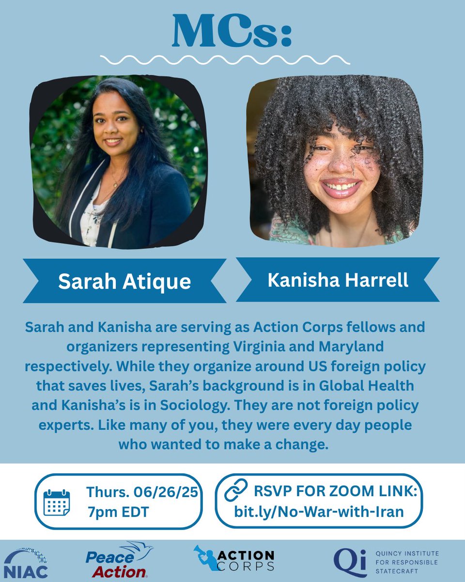 STOP U.S. WAR WITH IRAN
Join us Thurs 6/26 @ 7pm ET for an urgent online rally
Myriam Sabbaghi (NIAC)
Adam Weinstein (Quincy Institute)
RSVP: bit.ly/No-War-with-Ir… 
Congress must say NO to unauthorized war.
#StopUSWarWithIran