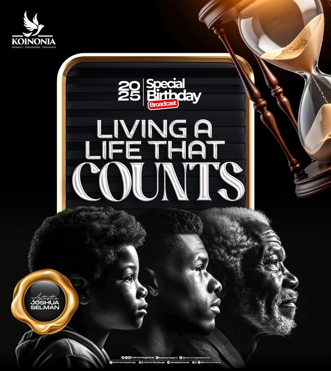 Dear Beloved, kindly click on the link below to download the audio message of "LIVING A LIFE THAT COUNTS (2025 SPECIAL BIRTHDAY BROADCAST)” WITH APOSTLE JOSHUA SELMAN

drive.google.com/file/d/1Xk3OD2…

#LivingALifeThatCounts
#KoinoniaGlobal
#AJSBirthday2025
#CelebratingAJS2025