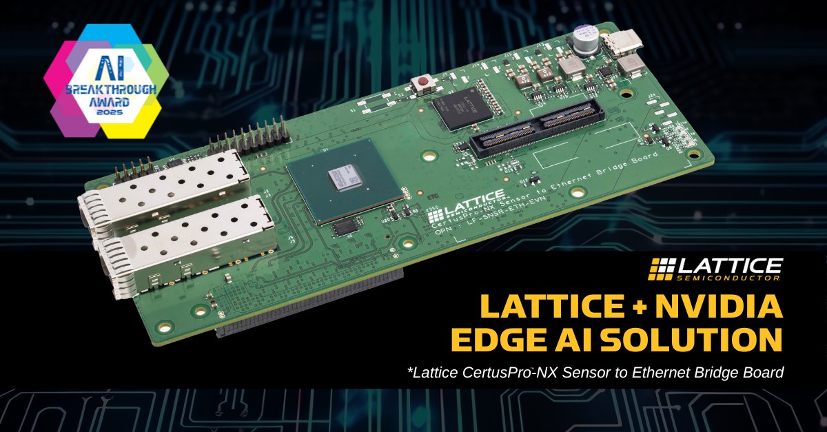 Lattice Semiconductor (@latticesemi) on Twitter photo 🥁 Drumroll, please! We’re excited to share that the Lattice and @NVIDIA Edge AI Solution—featuring the Lattice CertusPro-NX Sensor to Ethernet Bridge Board and NVIDIA Holoscan Sensor Bridge—won a 2025 <a href="/AI_Breakthrough/">AI Breakthrough</a> Award! bit.ly/45G7YXz 🥁 Drumroll, please! We’re excited to share that the Lattice and @NVIDIA Edge AI Solution—featuring the Lattice CertusPro-NX Sensor to Ethernet Bridge Board and NVIDIA Holoscan Sensor Bridge—won a 2025 <a href="/AI_Breakthrough/">AI Breakthrough</a> Award! bit.ly/45G7YXz
