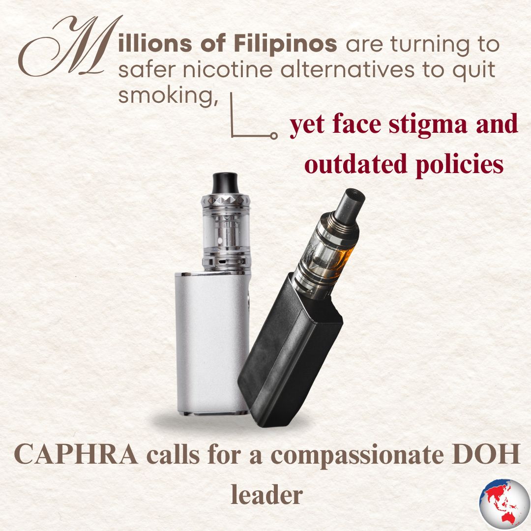 caphraorg's tweet photo. Millions of Filipinos are turning to safer nicotine alternatives to quit smoking, yet face stigma and outdated policies. CAPHRA calls for a compassionate DOH leader. #HarmReduction #PHPolicy https://t.co/KWj8tv5rIM https://t.co/UWW3rYx1MP