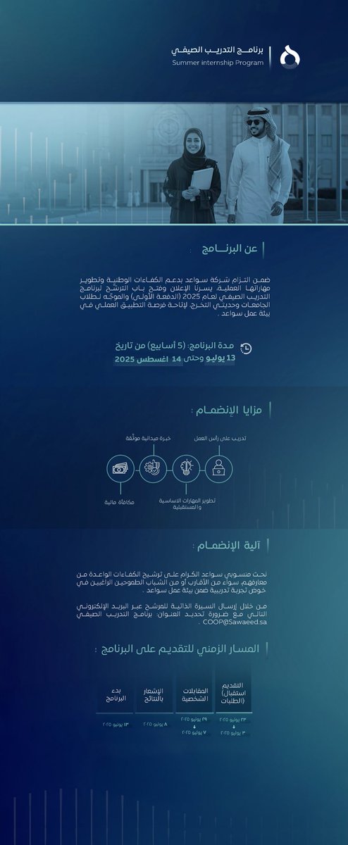 🛑 فرصة تدريب صيفي 

أعلنت شركة سواعد <a href="/SawaeedKSA/">سواعد</a> 
عن تدريب صيفي لطلاب وطالبات الجامعات وحديثي التخرج 🚀🚀

مدة البرنامج 5 أسابيع

المزايا ✨
• تدريب على رأس العمل
• تطوير المهارات الأساسية والمستقبلية
• شهادة ميدانية موثقة
• مكافأة مالية

تفاصيل التقديم موضحة في الصورة 👇🏻
