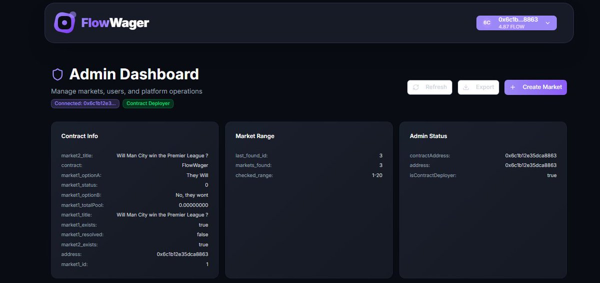 ALTCOIN D/G\DDY 🇹🇹🇳🇬 {A.D}𓃵 (@altcoin_daddy) on Twitter photo 🔥 MAJOR UPDATE: <a href="/FlowWager/">Flow Wager 🃏</a> progress!
✅ Admin dashboard complete
✅ First prediction market created & TESTED (contracts work!)
✅ Fresh UI redesign makes us stand out
We're 90% ready to launch <a href="/flow_blockchain/">Flow.com 🔜 ETHGlobal NY</a> first prediction market platform!
Beta testing starts soon week 🔥 MAJOR UPDATE: <a href="/FlowWager/">Flow Wager 🃏</a> progress!
✅ Admin dashboard complete
✅ First prediction market created & TESTED (contracts work!)
✅ Fresh UI redesign makes us stand out
We're 90% ready to launch <a href="/flow_blockchain/">Flow.com 🔜 ETHGlobal NY</a> first prediction market platform!
Beta testing starts soon week