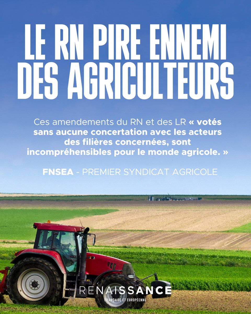 RE_Vienne86's tweet photo. ❌ Le RN vote un moratoire “sans concertation”. Résultat : les agriculteurs perdent 800 M€/an. La FNSEA dénonce “un coup économique brutal”.

Voilà ce que le RN offre au monde rural.

#NonAuMoratoire #SoutienAuxAgriculteurs https://t.co/1RIB0Ie44y