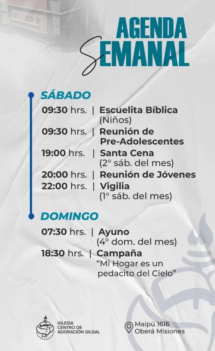 IGLESIA CENTRO DE ADORACIÓN GILGAL
COMPARTE SU AGENDA SEMANAL.
