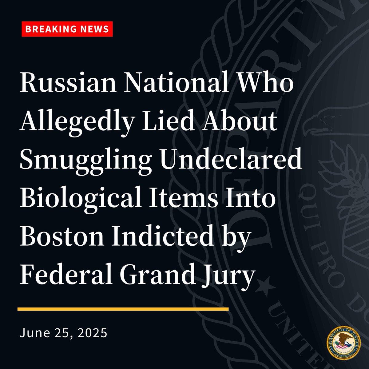 DMAnews1's tweet image. #BREAKING 🚨 Russian national who allegedly lied to law enforcement about her attempt to smuggle clawed frog embryos and embryonic samples into the United States has been indicted by a federal grand jury.
READ: justice.gov/usao-ma/pr/rus…