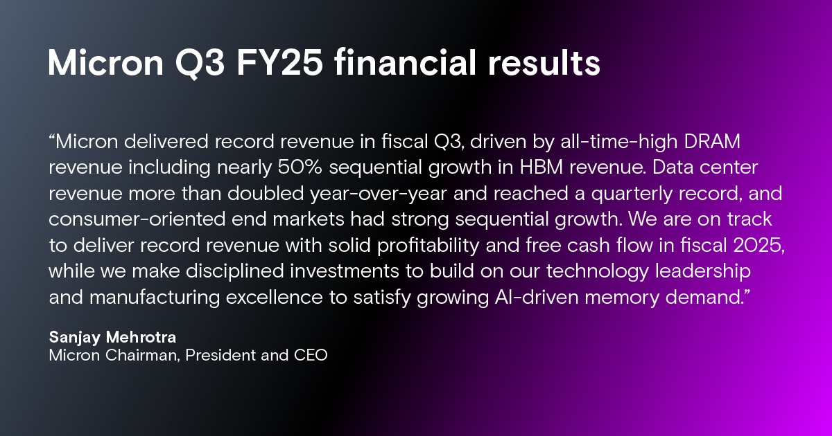 MicronTech's tweet image. Today, Micron reported our Q3 FY25 financial results. Learn more: bit.ly/40mlz2E
