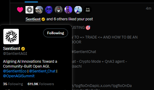 You get the feel like you are contributing in a meaningful &amp; positive way when your beloved <a href="/SentientAGI/">Sentient</a> interacts with your latest post!  

ILY Sentient Intern, you really made my day 🤍