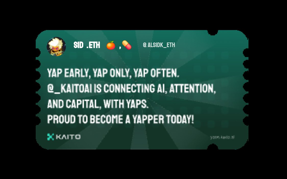 Yap early, yap only, yap often.

<a href="/KaitoAI/">Kaito AI 🌊</a> is connecting AI, attention and capital with Yaps.

Just claimed my social card and I'm accumulating Yap points in real-time.

Claim yours 👉 yaps.kaito.ai/referral/15526…