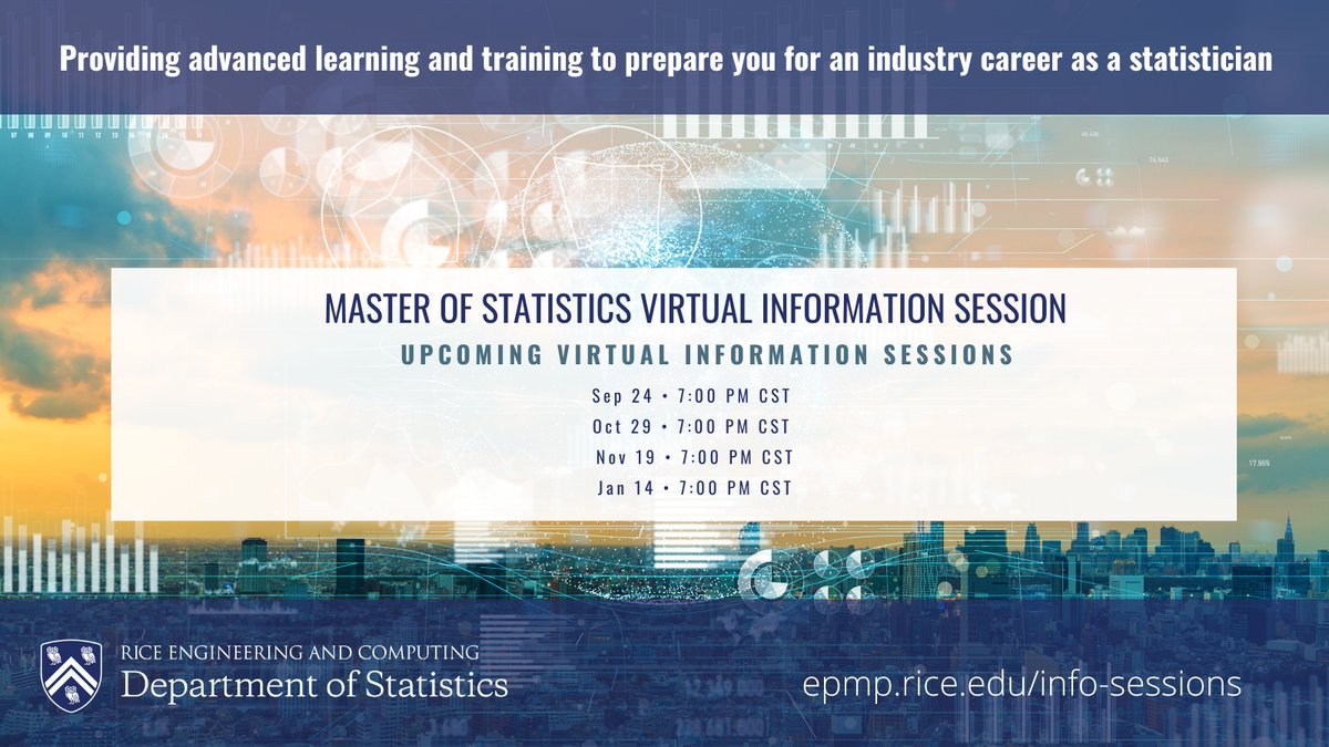 🎓  Join Rice University's virtual information sessions for the Master of Statistics (MStat) program! Learn about our program curriculum and requirements, admissions process and career paths for graduates.
🔗 Register: bit.ly/3hxtPq7