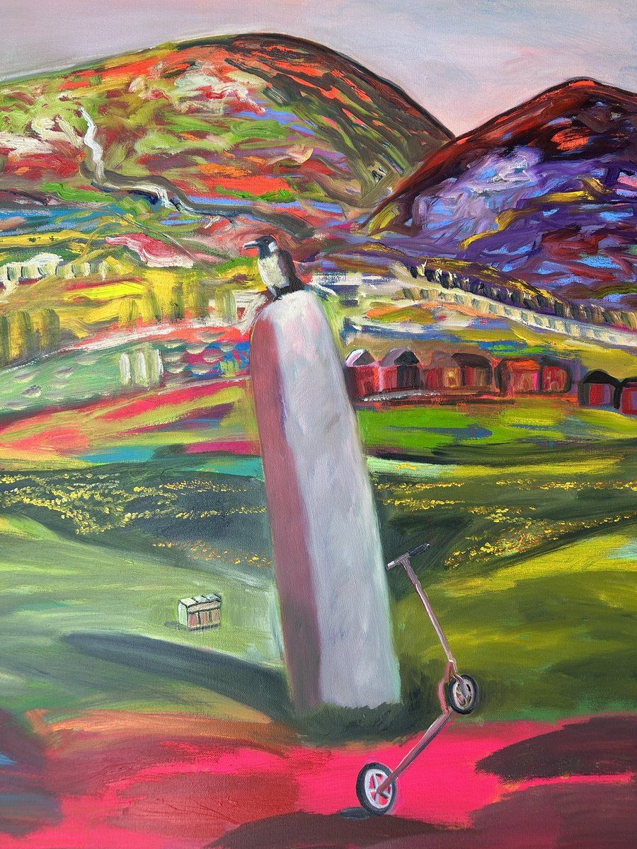 JamesMoir10's tweet image. Scooter in Skjolden.
Whilst in Norway we saw a child’s scooter leaning against a standing stone in Skjolden and took a photo.
There was a mysterious box behind it.
It may contain a hobgoblin.
I painted this after seeing some paintings by Nikolai Astrud in Bergen Kunsthall .