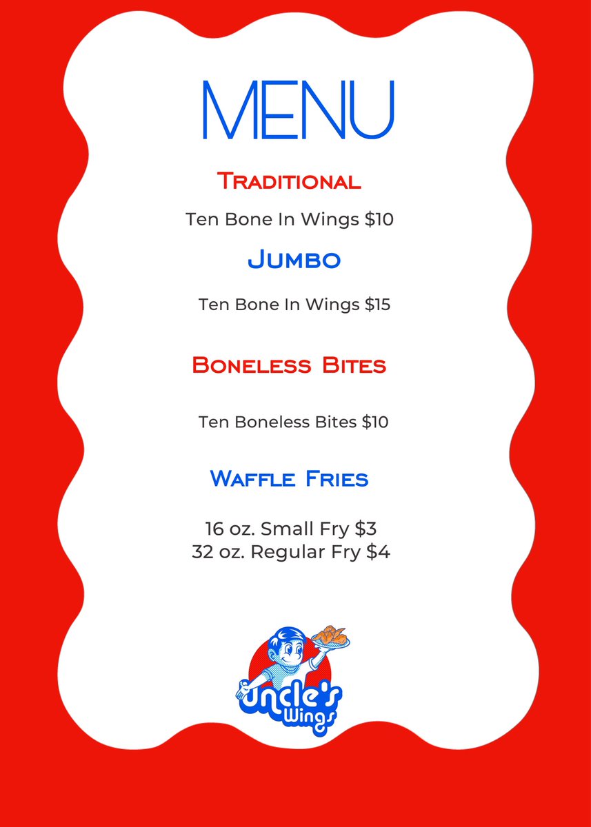 UnclesWings's tweet photo. 🚨Menu Pricing🚨

Updated look at the menu. We will be converting our sales into packages of 10.

For catering services & pricing , send us a message for inquiries. 

A return date to frying is looking like August. Unfortunately situations outside of our control is the reason for the delay. If it was up to us, we would frying already. 

Thank you for your patience.

#UnclesWings