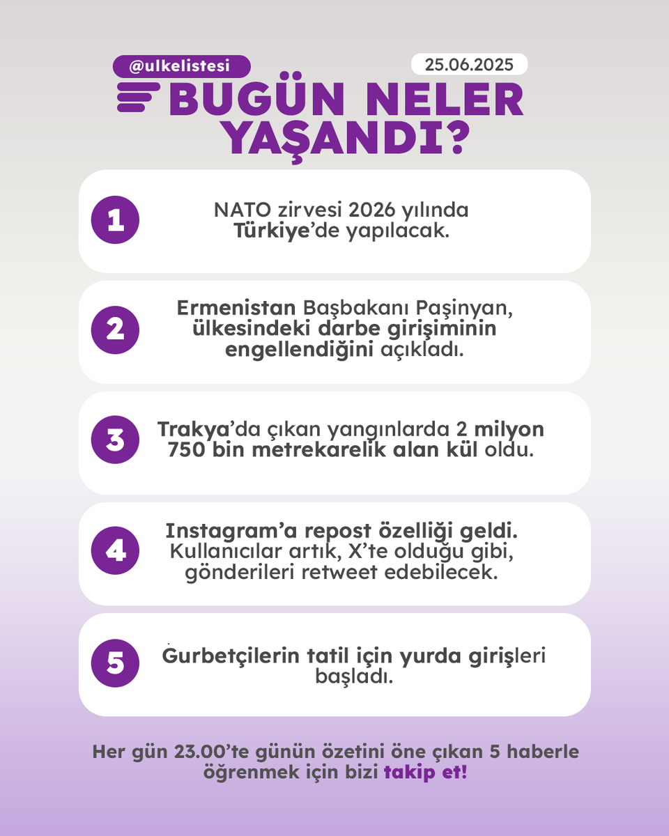 ulkelistesi's tweet photo. Bugün Neler Yaşandı? - 25.06.2025

1- NATO zirvesi 2026 yılında Türkiye'de yapılacak.

2- Ermenistan Başbakanı Paşinyan, ülkesindeki darbe girişiminin engellendiğini açıkladı.

3- Trakya'da çıkan yangınlarda 2 milyon 750 bin metrekarelik alan kül oldu.

4- Instagram'a repost özelliği geldi. Kullanıcılar artık, X'te olduğu gibi, gönderileri retweet edebilecek.

5- Gurbetçilerin tatil için yurda girişleri başladı.

Her gün 23.00'te Türkiye'de ve dünyada yaşanan olaylarla günün özetini görmek için bizi takip edin!  

#NATO #Ermenistan #Trakya #Instagram
