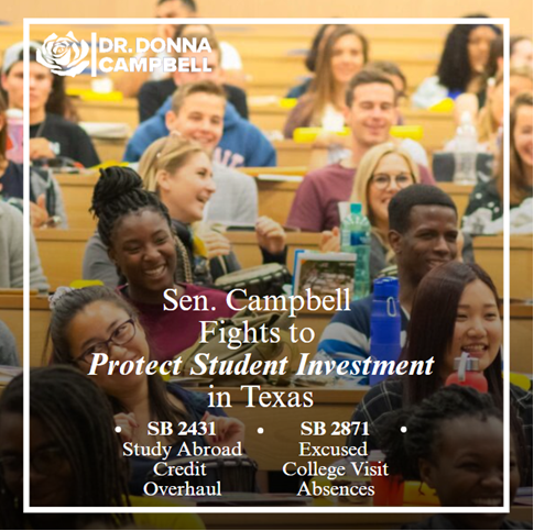 DonnaCampbellTX's tweet image. Sen. Campbell fights to restore academic excellence, trim bureaucratic waste, and ensures Texas students get value not ideology from higher education. #txlege