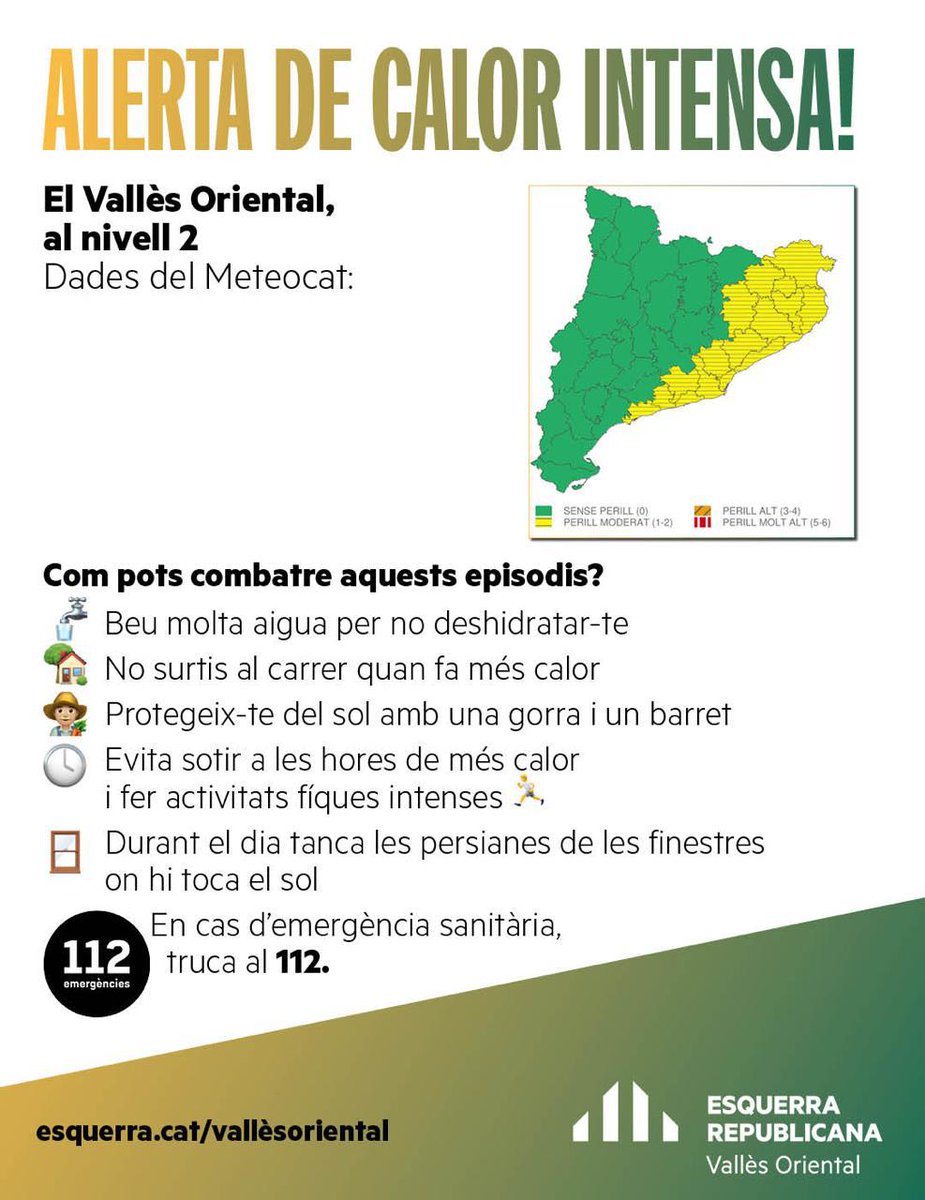 Aquests dies el #VallèsOriental té un avís d'alerta de nivell 2 per calor intensa.
#OnadaDeCalor
Seguim les indicacions de #protecciócivil per evitar afectacions en les persones. 
☎️ En cas d’emergència sanitària, truca al 112.
#AlertaNivell2