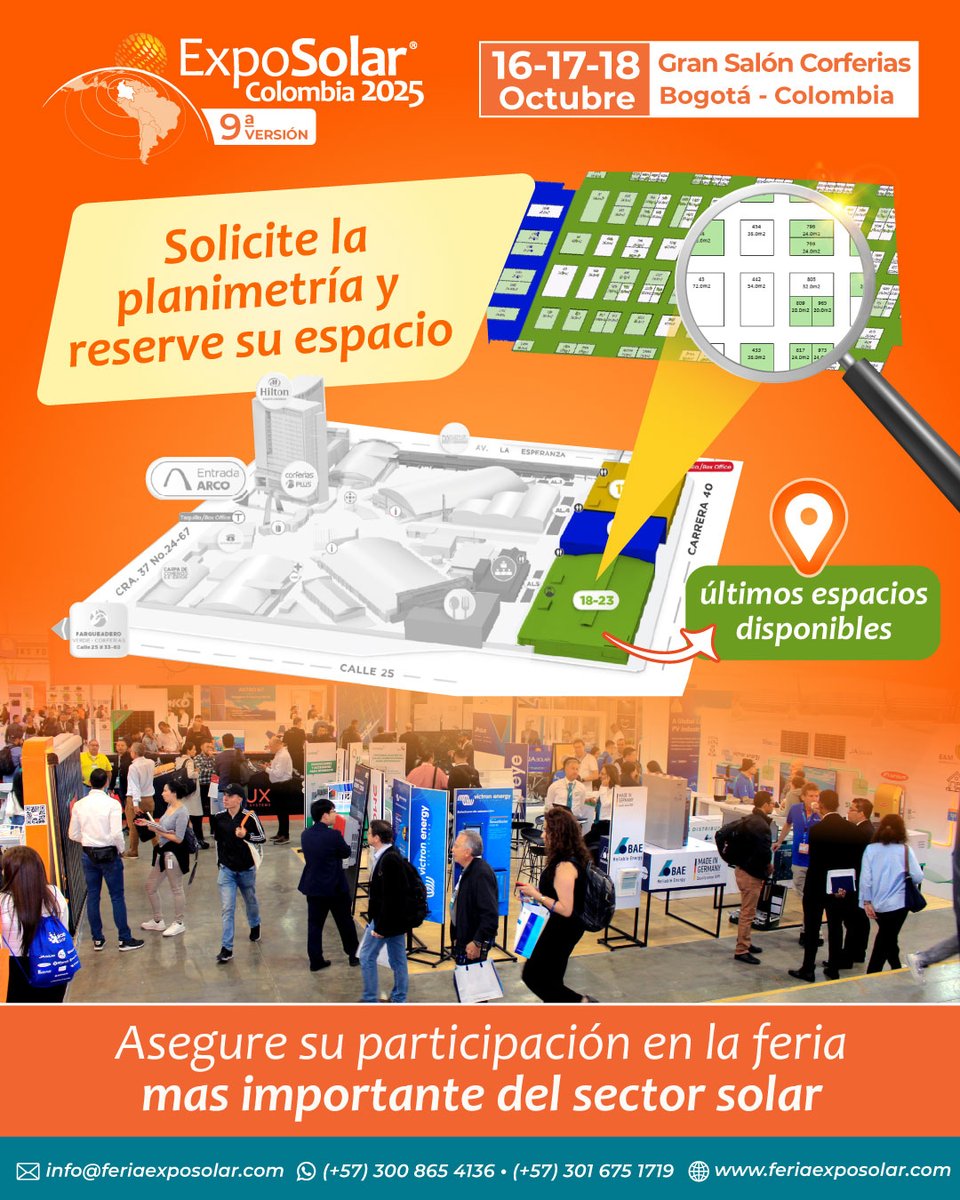 ¡Solicite la planimetría y asegure su stand en ExpoSolar Colombia 2025!

Del 16 al 18 de octubre, el recinto ferial Corferias-Bogotá será el escenario de la feria más importante del sector de las energías renovables en Latinoamérica y el Caribe.

¡Últimos espacios disponibles!