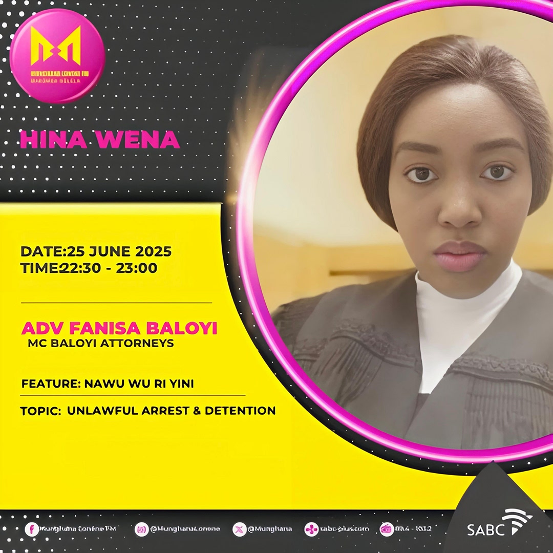 Munghana Lonene FM (@munghana) on Twitter photo #Nawuwuriyini namuntlha hi 22h30-23h00 Nhlokomhaka: Unlawful arrest and detention na Adv Fanisa Baloyi ku suka eka MC Baloyi Attorneys. Emoyeni u famba na <a href="/RealThembzana/">Thembzana🇿🇦</a> hi vuhumelerisi bya <a href="/MorganShibambu/">Morgan Shibambu</a> #makombandlela #Nawuwuriyini namuntlha hi 22h30-23h00 Nhlokomhaka: Unlawful arrest and detention na Adv Fanisa Baloyi ku suka eka MC Baloyi Attorneys. Emoyeni u famba na <a href="/RealThembzana/">Thembzana🇿🇦</a> hi vuhumelerisi bya <a href="/MorganShibambu/">Morgan Shibambu</a> #makombandlela