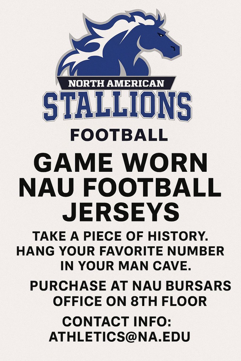 NAU Football (@nau_fb) on Twitter photo "Game worn NAU football jerseys. Take a piece of history. Hang your favorite number in your man cave."
Purchase at NAU Bursars Office on 8thΒ floor
Contact info: Athletics@na.edu "Game worn NAU football jerseys. Take a piece of history. Hang your favorite number in your man cave."
Purchase at NAU Bursars Office on 8thΒ floor
Contact info: Athletics@na.edu