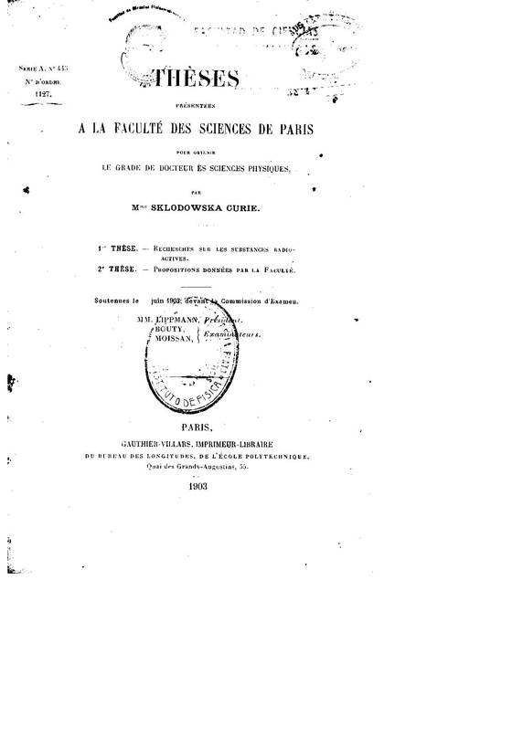 #OTD in 1903, Marie Skłodowska Curie defended her PhD thesis.

She, after thousands of crystallizations, finally had isolated 1 decigram of almost pure radium chloride and determined radium’s atomic weight as 225. 

The findings were presented in her PhD thesis.

The committee