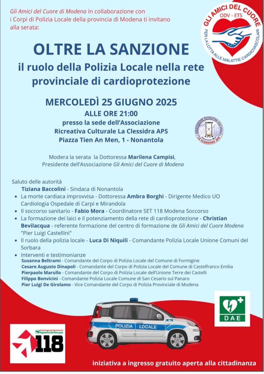 #PLTerredargine 
Questa sera siamo 👮‍♀️presenti all'iniziativa promossa da #gliamicidelcuore  "OLTRE LA SANZIONE"  a Nonantola. Si parlerà del ruolo della Polizia Locale nella rete provinciale di #cardioprotezione
<a href="/PMTerredargine/">Polizia Locale</a>