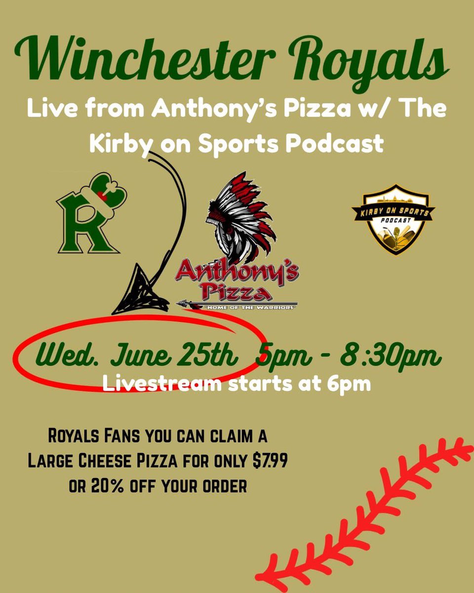 Catch me and players of the Winchester Royals at Anthony’s Pizza in Stephens City tonight. We’ll be live with Josh Kirby and The Kirby on Sports Podcast from the event. Tune in and watch us on his YouTube and social media websites. Raffles, giveaways, autographs, and Royals swag!