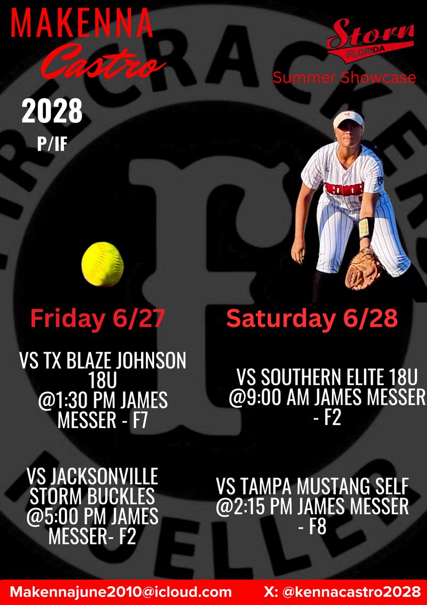 Makenna Castro (@kennacastro2028) on Twitter photo Schedule for my showcase this weekend! <a href="/FLFCmueller/">FL Firecrackers Mueller</a> <a href="/2DiamondSports/">Two Diamond Sports</a> #SummerShowcase #FirecrackersSoftball Schedule for my showcase this weekend! <a href="/FLFCmueller/">FL Firecrackers Mueller</a> <a href="/2DiamondSports/">Two Diamond Sports</a> #SummerShowcase #FirecrackersSoftball