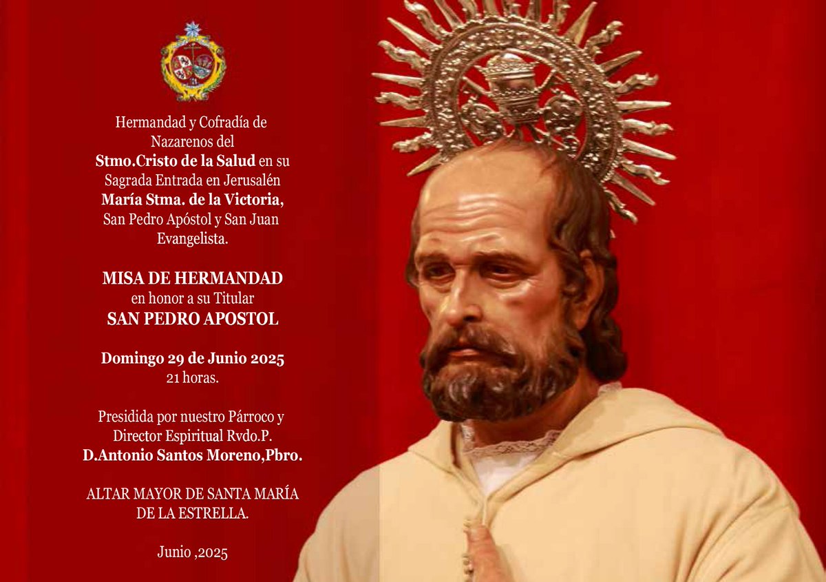 ⚪🔵⚪ | CULTOS 

Misa en honor a San Pedro Apóstol, acción de gracias por el XXIV Aniversario de la Echura y Bendición del Santísimo Cristo de la Salud en su Sagrada Entrada en Jerusalén 
🗓 Domingo, 29 de junio 
⏰️ 20:30 horas rezo del Santo Rosario 

#SaludyVictoria