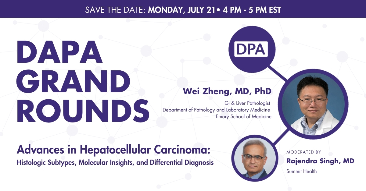 dpatweet's tweet image. Join Dr. Wei Zheng of the Emory School of Medicine's Department of Pathology and Laboratory Medicine for the July DAPA Grand Rounds: Advances in Hepatocellular Carcinoma: Histologic Subtypes, Molecular Insights, and Differential Diagnosis.
zurl.co/bKShv