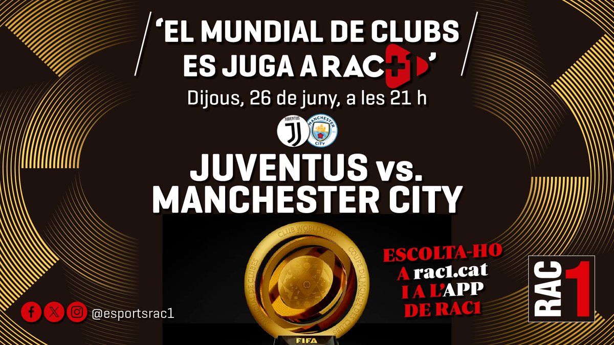 Esports RAC1 (@esportsrac1) on Twitter photo 𝗥𝗔𝗖+𝟭 | 👋 Bon vespre de Mundial de Clubs!
⚽️ Viu el Juventus - City amb <a href="/jaumemullor/">Jaume Mullor</a>, <a href="/clararodergas/">Clara Rodergas</a>, <a href="/Marcguillen/">Marc Guillén</a> i <a href="/JaumeNaveira/">Jaume Naveira</a>.
⚽️ I molt pendents del Cartagena - Barça de futbol sala, amb <a href="/Albert_FF/">AlVert Ferran Farrés</a>.
Escolta'ns 👇
▶️ WEB: rac1.cat
📲 App de <a href="/rac1/">RAC1</a> 𝗥𝗔𝗖+𝟭 | 👋 Bon vespre de Mundial de Clubs!
⚽️ Viu el Juventus - City amb <a href="/jaumemullor/">Jaume Mullor</a>, <a href="/clararodergas/">Clara Rodergas</a>, <a href="/Marcguillen/">Marc Guillén</a> i <a href="/JaumeNaveira/">Jaume Naveira</a>.
⚽️ I molt pendents del Cartagena - Barça de futbol sala, amb <a href="/Albert_FF/">AlVert Ferran Farrés</a>.
Escolta'ns 👇
▶️ WEB: rac1.cat
📲 App de <a href="/rac1/">RAC1</a>