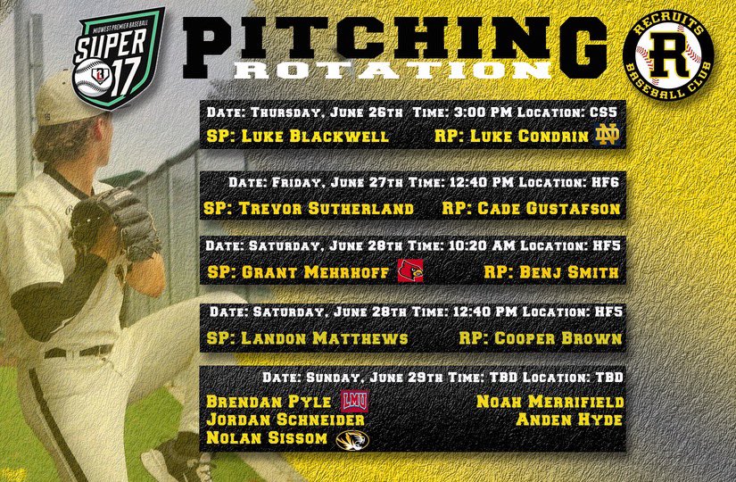 RBC 17u National heads to KC for the <a href="/PrepBaseballMO/">Prep Baseball Missouri</a> MPB Super 17 tomorrow. Rotation is set! <a href="/stlrecruits/">Recruits Baseball Club</a>