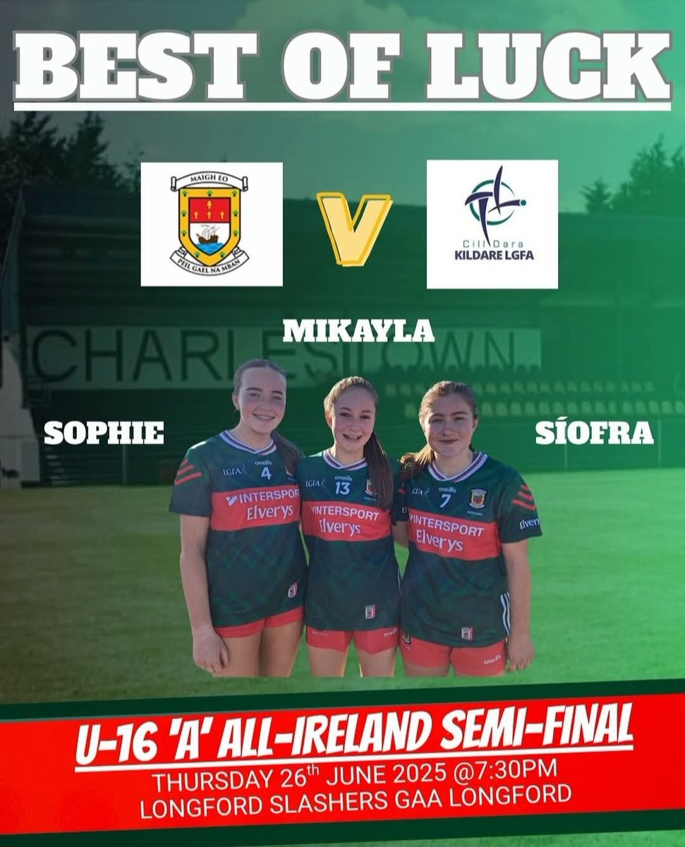 Best of luck to Sophie, Síofra &amp; Mikayla in the All Ireland 'A' semi final tomorrow v Kildare 💚❤️💚❤️