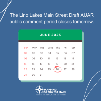 linolakes_mn's tweet photo. Tomorrow is the deadline for submitting comments on the draft AUAR. Visit https://t.co/UwEbXwmuiD to: 
- Review the Lino Lakes Main Street Draft AUAR &amp; mitigation plan 
- Learn what kinds of comments are accepted 
- Submit your comment 
- Ask the city any additional questions https://t.co/idL6fKogjB