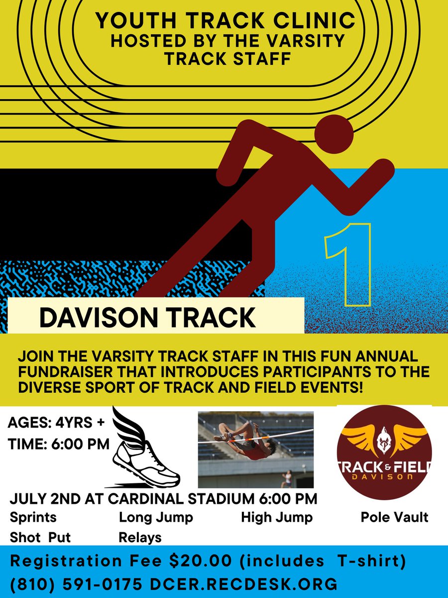A Youth Track Clinic hosted by the DHS Varsity Track staff is planned for 6 p.m. next Wednesday, July 2 at Cardinal Stadium. Students will be introduced to a variety of track and field events including sprints, shot put, long jump, high jump, pole vault and relays.