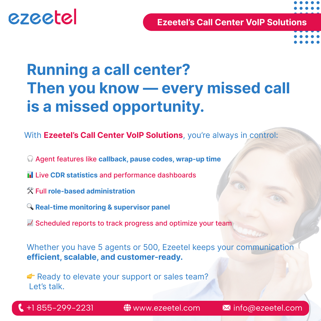 ezeetel_info's tweet photo. 📞 Every Call Counts — Make Sure You Never Miss One
Running a call center? Ezeetel’s Call Center VoIP Solutions give you complete control with:
✅ Real-time monitoring &amp; supervisor panel
✅ Callback, pause codes, and wrap-up features
🌐 https://t.co/ixiFnpx0sy
#CallCenterSolution https://t.co/irx2eD9Dt1