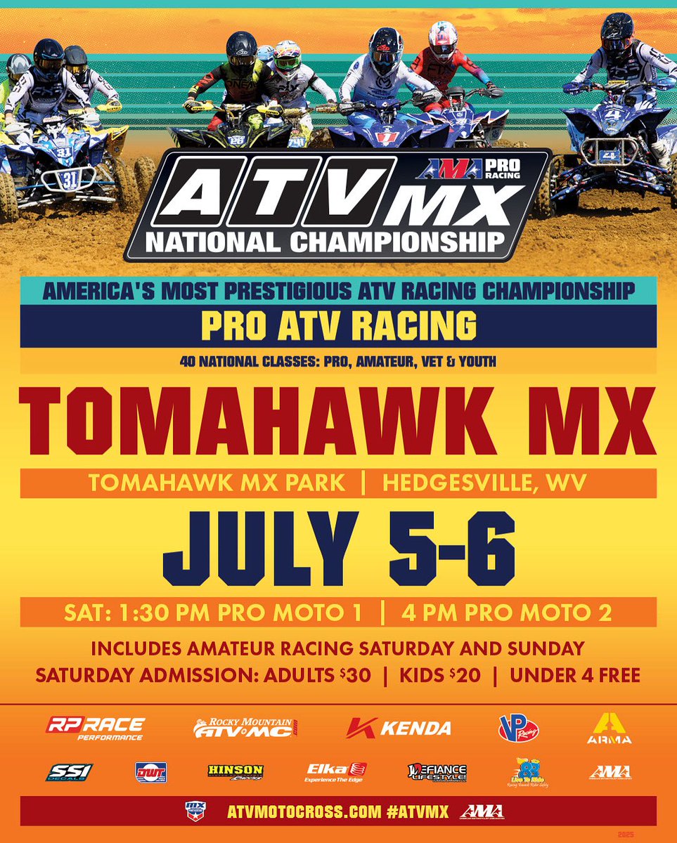 Up Next‼️ Save the date July 5-6 for round 8 of 2025 ATV Motocross Championship season at Tomahawk MX

Visit the website for more event info ℹ️ #ATVMX #ATVMotocross