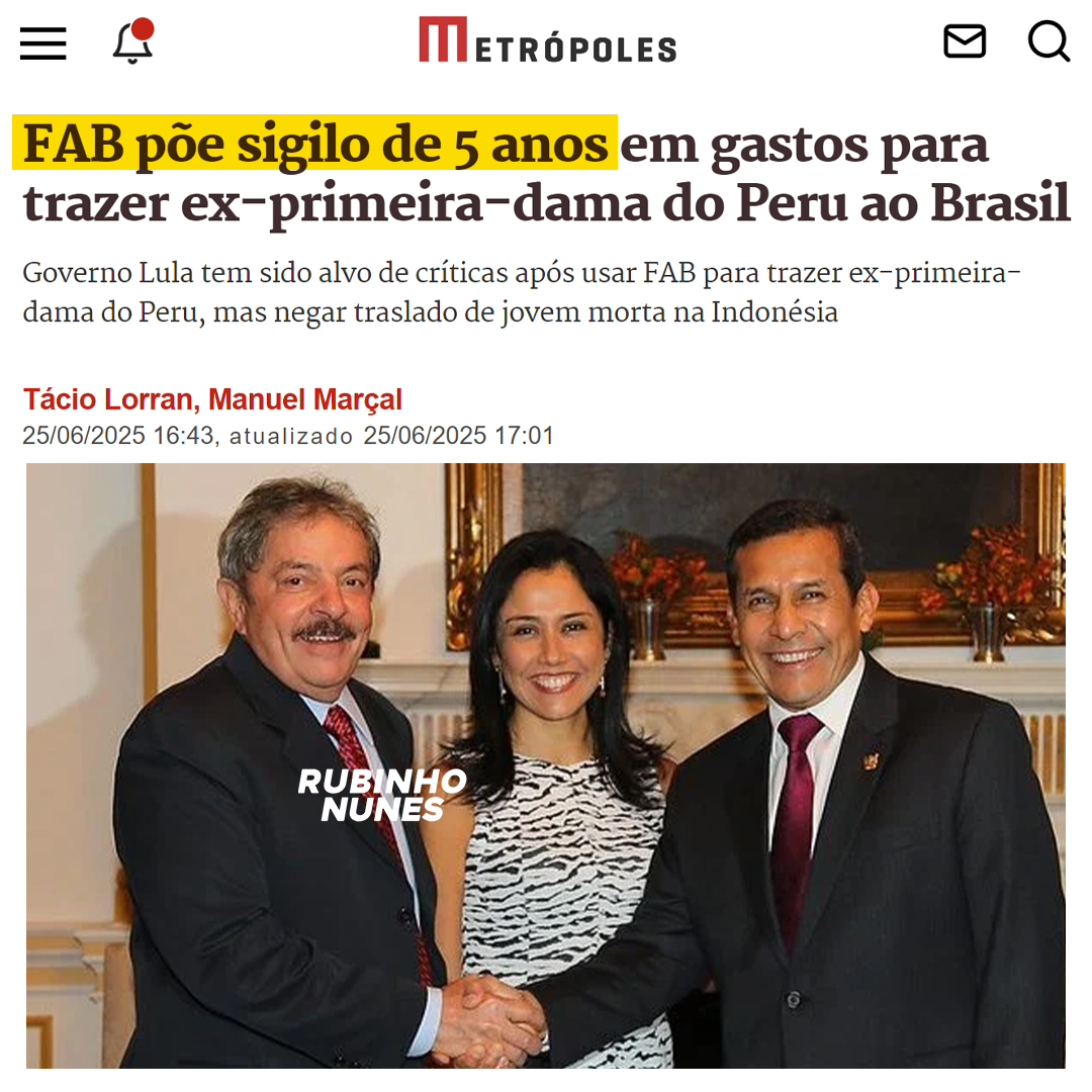 🚨 Governo Lula mandou buscar a corrupta do Peru e agora colocou sigilo de 5 anos na missão.

Quando é uma brasileira inocente na Indonésia, não paga nem o traslado. Mas pra aliada do Foro de SP, tem avião, tapete vermelho e segredo de Estado.