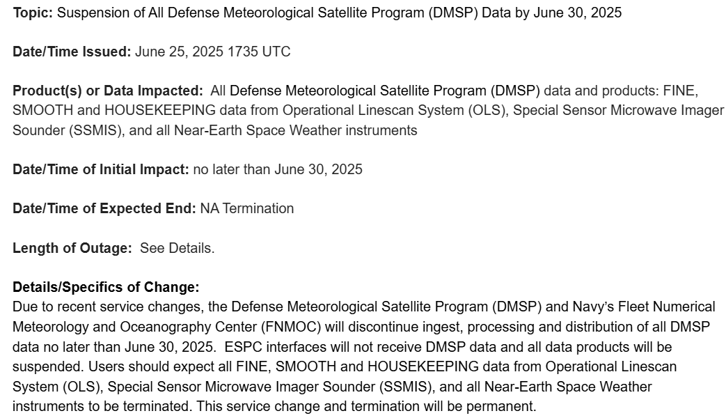 Due to "recent service changes", we will be losing all SSMIS microwave imagery going forward. Not great!