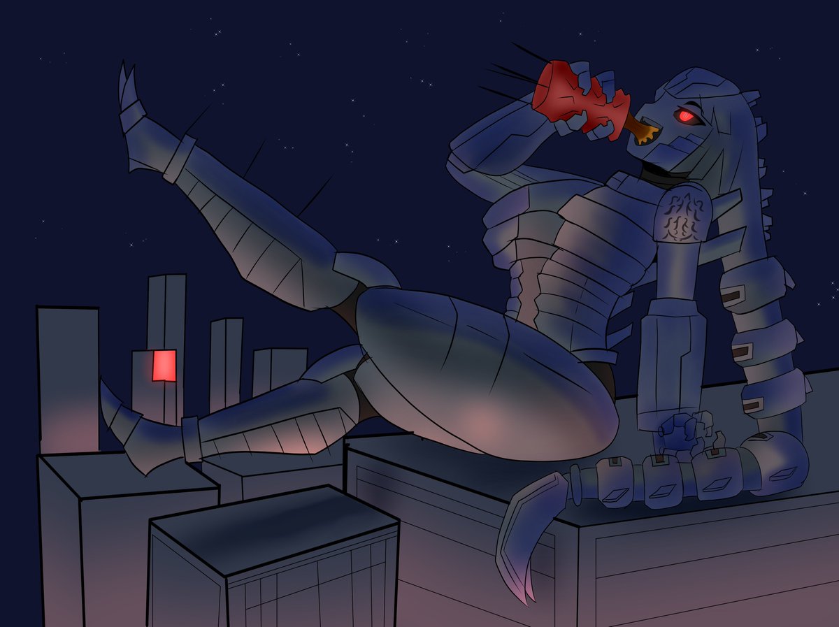 Made with line art from <a href="/Azzytheslime/">Azzy Da Poi ((monster enjoyer))</a> , color and minor additions by me! #Mechagodzilla enjoying some refueling on the town #godzilla drinking commercial style!
