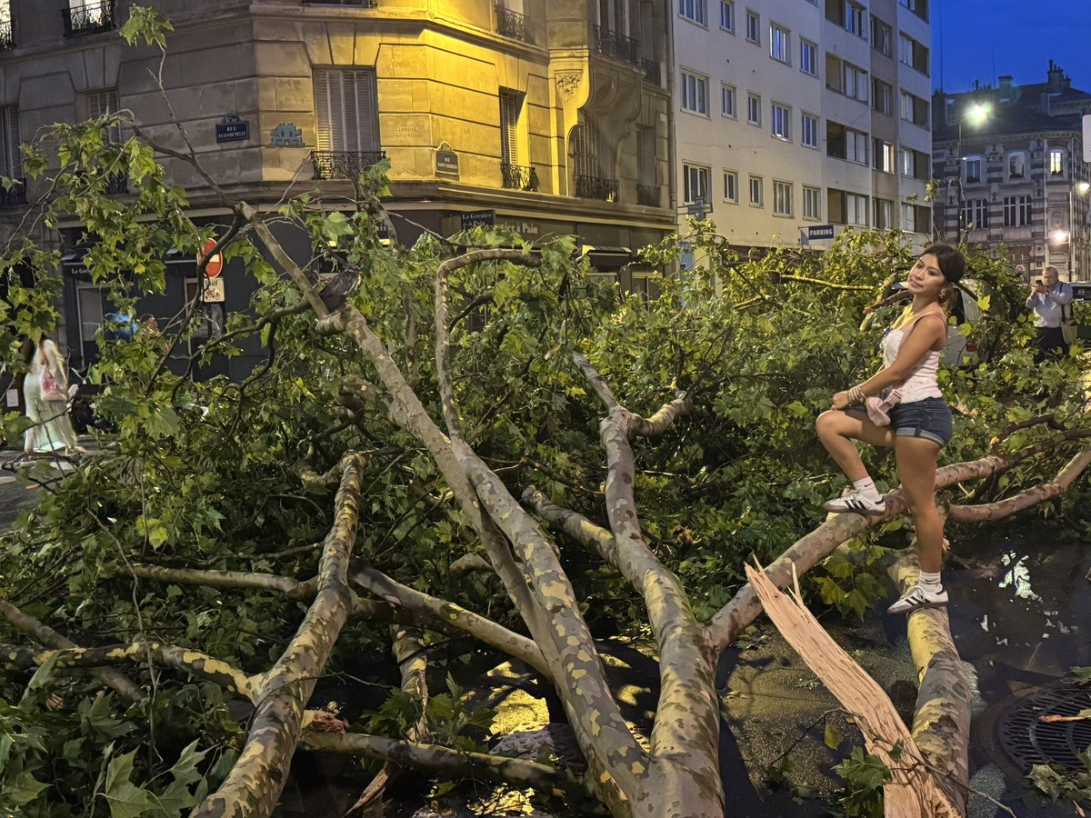 À peine 30 minutes après après le passage de l’orage, une touriste improvise une séance photo dans les branches arrachées, rue Saint-Charles à Paris 15e. Un shooting d’une dizaine de minutes… 🤦‍♂️