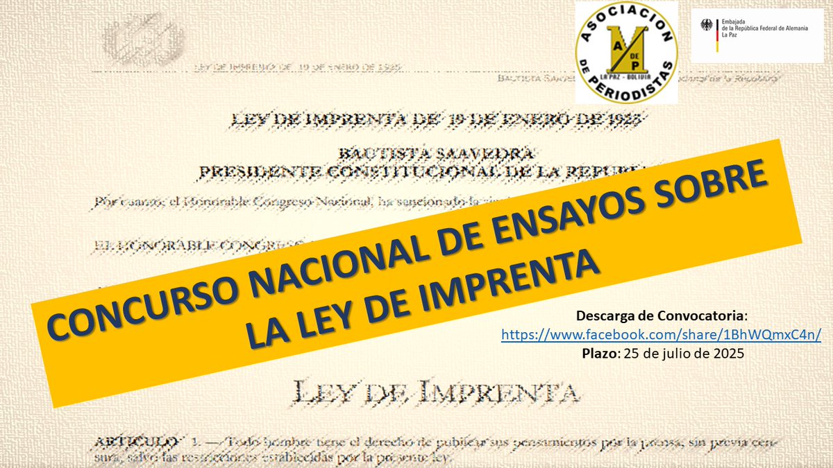 AlemaniaBOL's tweet image. 📢Periodistas, estudiantes de periodismo y comunicación y profesionales de otras áreas: esta es la convocatoria para el concurso nacional de ensayos organizado por la Asociación de Periodistas de La Paz #APLP y apoyado por la Embajada de Alemania.👇
🔗t1p.de/cw7lt