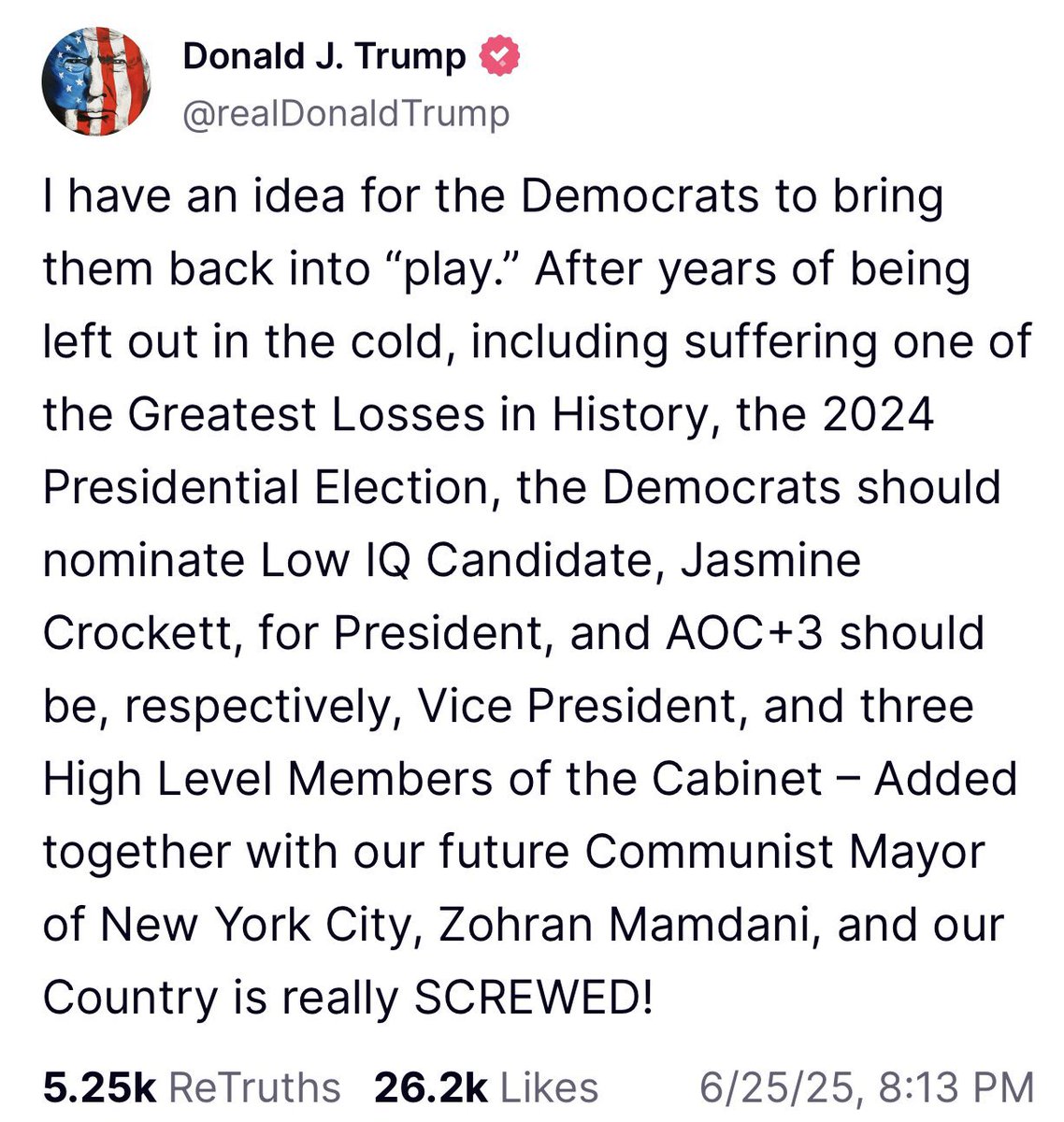 Thanks for your vote of confidence…I guess?!

Unlike you, I’d actually be focused on the American people—the issues they’re facing, making sure folks have healthcare, and consulting with Congress before dropping bombs on another country.

Once again, you’ve got very big problems