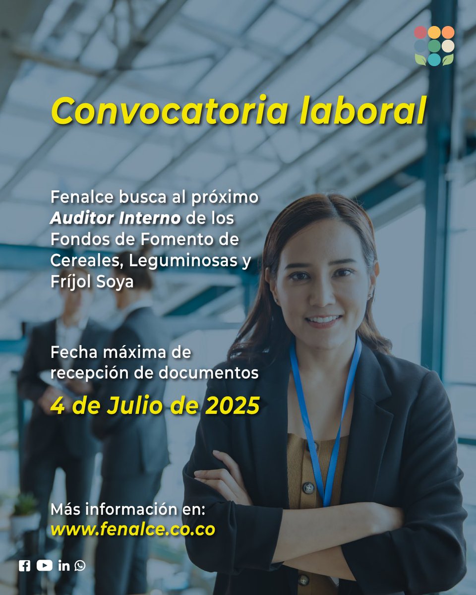FENALCE (@fenalce) on Twitter photo 📣 ¡Convocatoria abierta!
En Fenalce buscamos Auditor Interno para los Fondos de Fomento de Cereales, Leguminosas y Fríjol Soya.
🗓️ Postúlate hasta el 4 de julio de 2025
📄 Requisitos 👉 bit.ly/40nZ9xY
¡Únete al agro que transforma a Colombia! 🌾🇨🇴 📣 ¡Convocatoria abierta!
En Fenalce buscamos Auditor Interno para los Fondos de Fomento de Cereales, Leguminosas y Fríjol Soya.
🗓️ Postúlate hasta el 4 de julio de 2025
📄 Requisitos 👉 bit.ly/40nZ9xY
¡Únete al agro que transforma a Colombia! 🌾🇨🇴