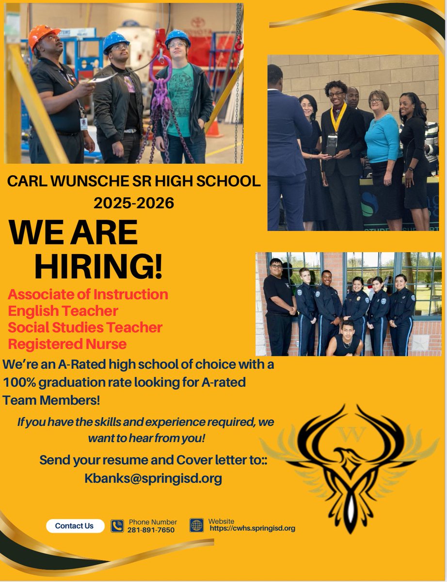 We’re an A-Rated high school of choice with a
100% graduation rate looking for A-rated
Team Members! If you have the skills and experience required, we want to hear from you!

See flyer attached for more details!