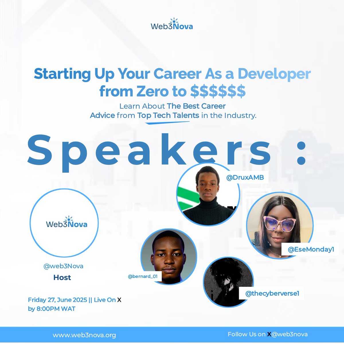 🎙️ X Space Schedule

Title: Starting as a Web3 Developer: From Zero to Success.

Date &amp; Time:
🗓 Friday, June 27, 2025  
⏰ 8:00 PM WAT  

Guests:
<a href="/DruxAMB/">druxamb.base.eth</a>, <a href="/EseMonday1/">EseMonday.eth 🥑</a>, <a href="/Bernard_O1/">Bernard.O||Aboki</a>, <a href="/TheCyberVerse1/">Celestine</a>
Host:
<a href="/web3_nova/">Web3Nova</a>