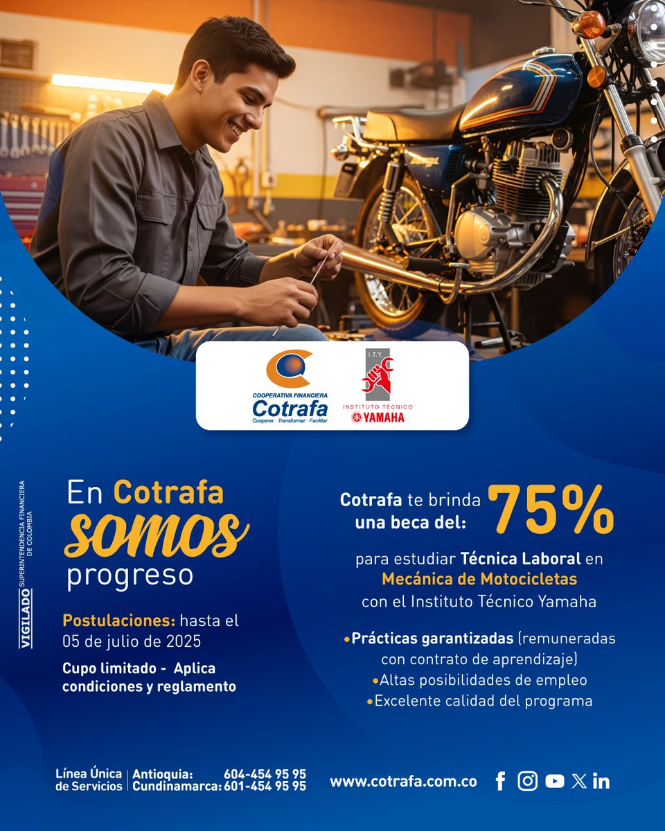 Cotrafa_co's tweet photo. 🏍🔧 Cotrafa te brinda una beca del 75% para estudiar Técnica Laboral en Mecánica de Motocicletas con el Instituto Técnico Yamaha (Presencial en Girardota – Antioquia).

✅ https://t.co/WXPKvmSvZE
Postulaciones: Hasta el 05 de julio de 2025 https://t.co/Jl1FG7eKi4